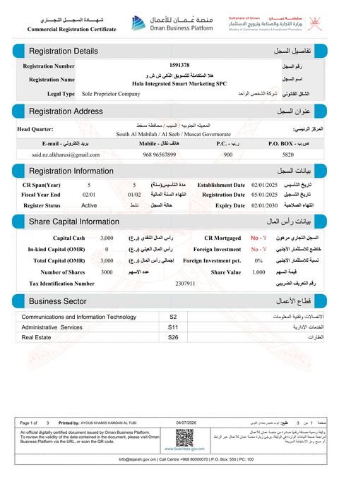 شهادة السجل التجاري صفحة 1